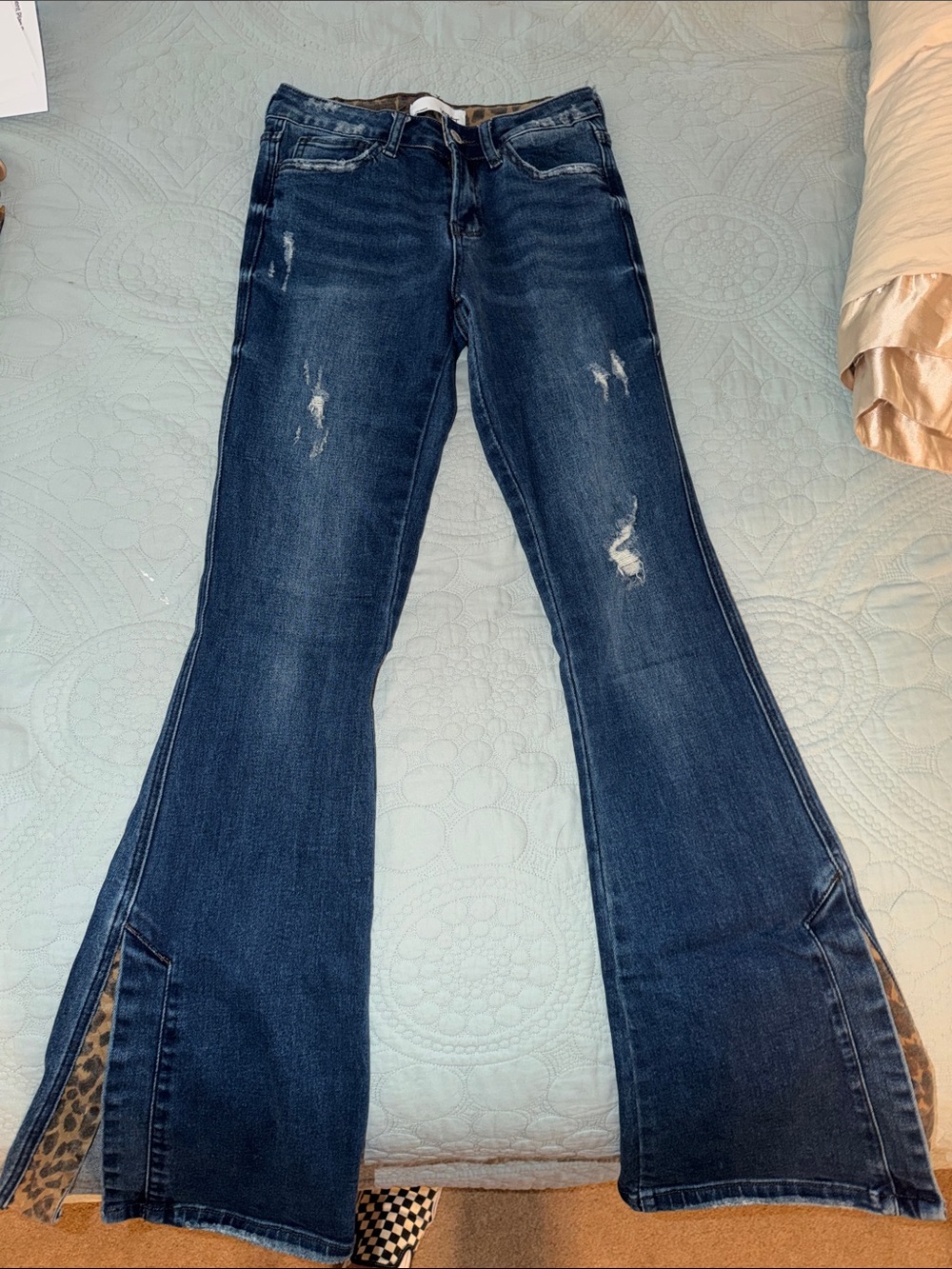 Dark Blue Distressed Wide-Leg Jeans with Side Slits